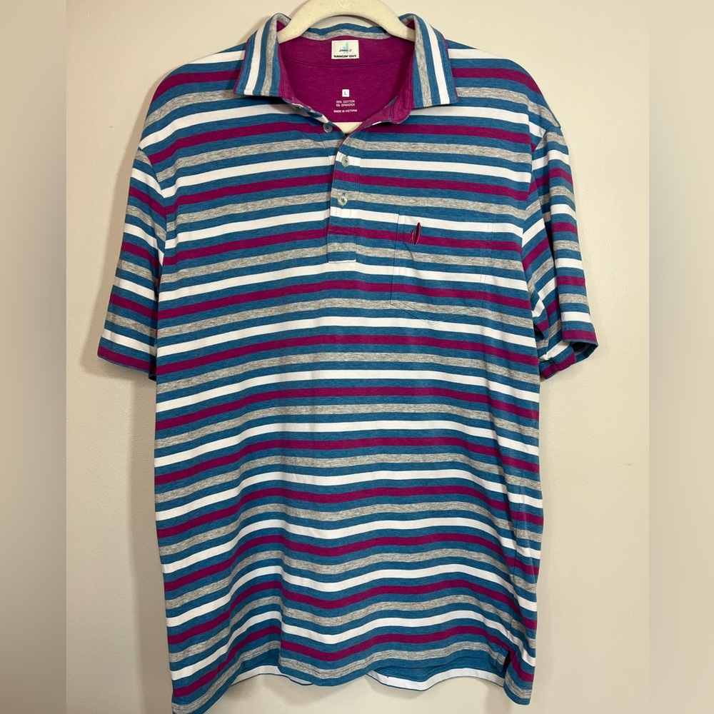 Johnnie-O Hangin’ Out Blue Striped Cotton Polo Shirt Short Sleeves Men’s Large